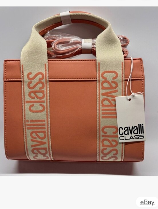 Cavalli Class Handbags - Cavalli Class Coral Orange Tote Cream Branded Straps